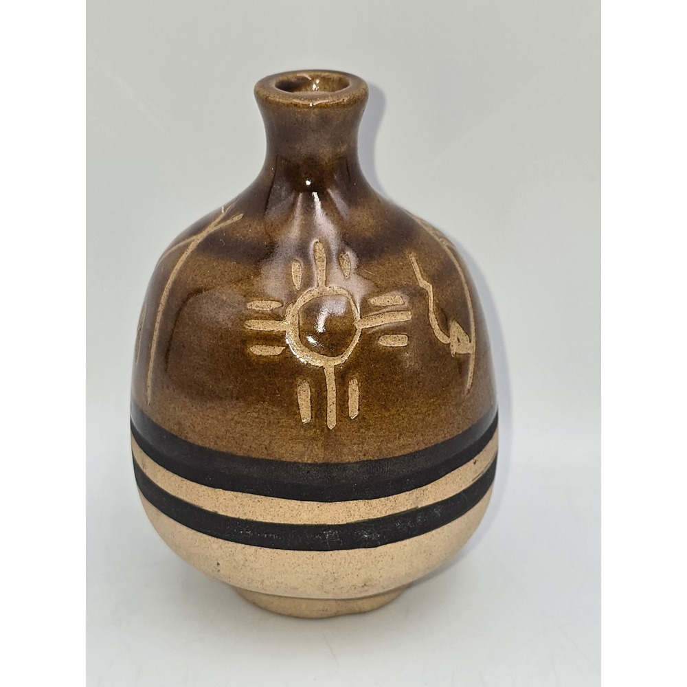 Unbranded Pottery Bud Vase Unisex Small Brown Excellent Southwestern Etched